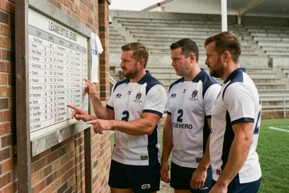 Joueurs de rugby amateur consultant le classement Fédérale 2 Poule 3 affiché sur un tableau en bois