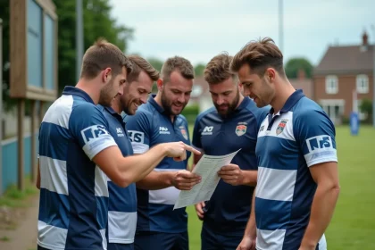 Joueurs de rugby amateur consultant le calendrier de la Fédérale 2 poule 3 sur smartphone en bord de terrain