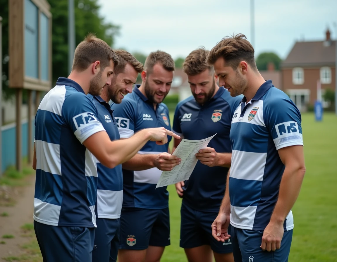 Joueurs de rugby amateur consultant le calendrier de la Fédérale 2 poule 3 sur smartphone en bord de terrain