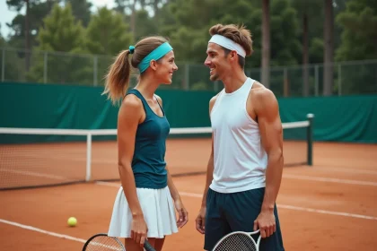 Deux jeunes joueurs de tennis souriants au filet sur court en terre battue