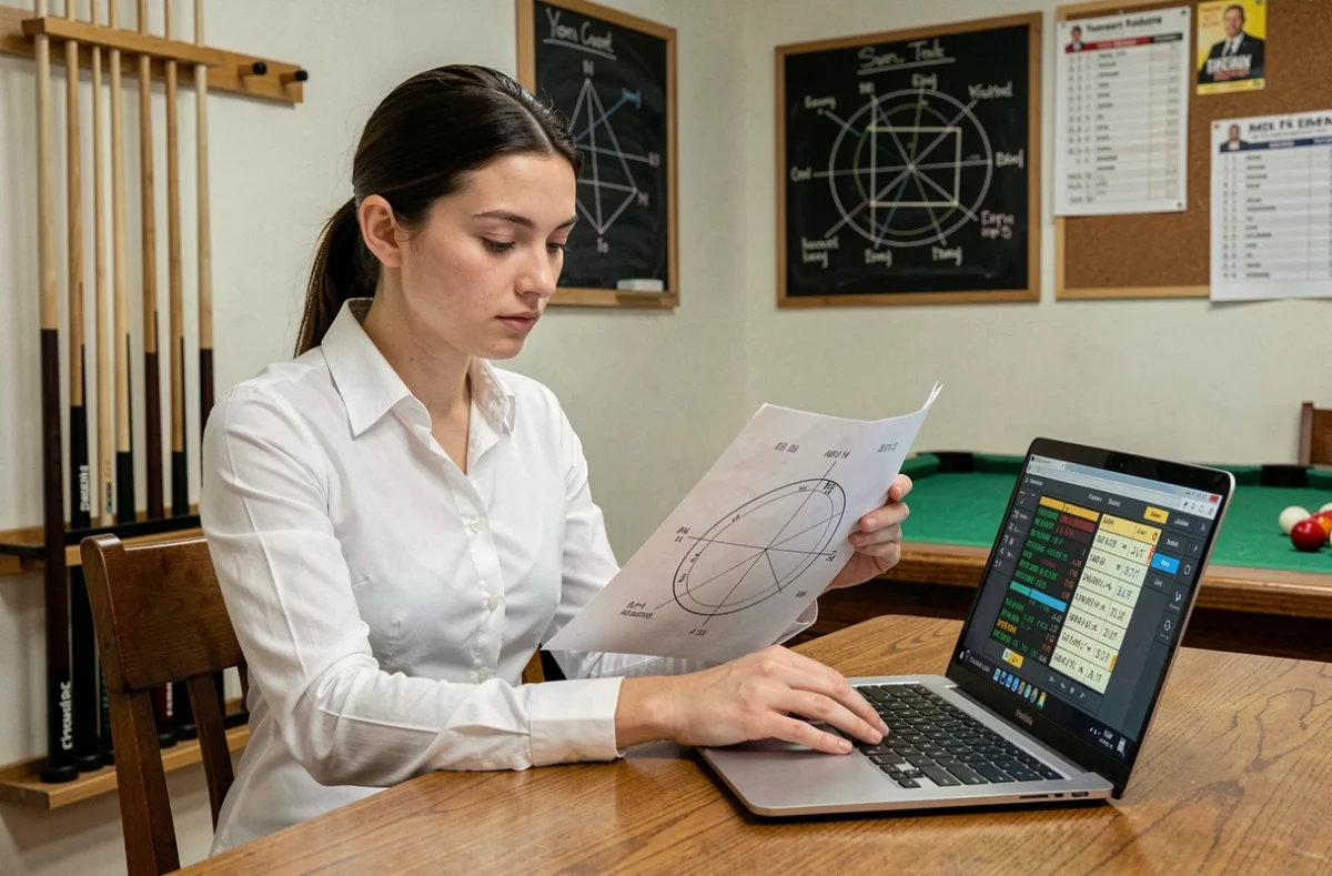 Joueuse de billard analysant une calculette de rotation d'angles pour préparer une compétition