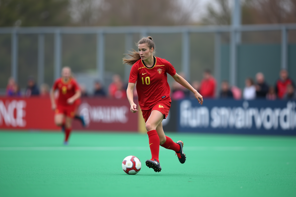 Joueuse de hockey belge en action sur le terrain synthétique