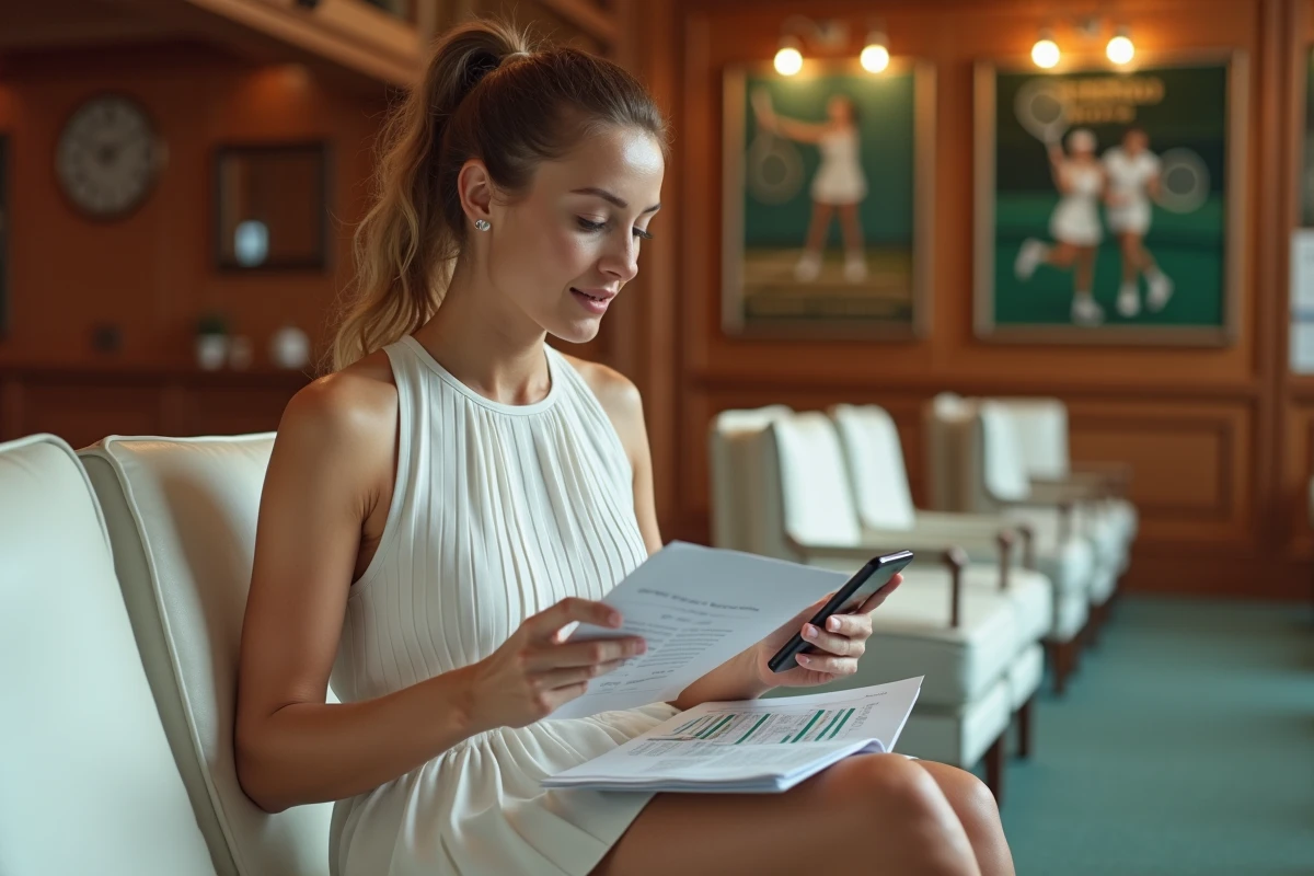 Joueuse de tennis professionnelle analysant les données financières du prize money de Wimbledon dans le salon des joueurs