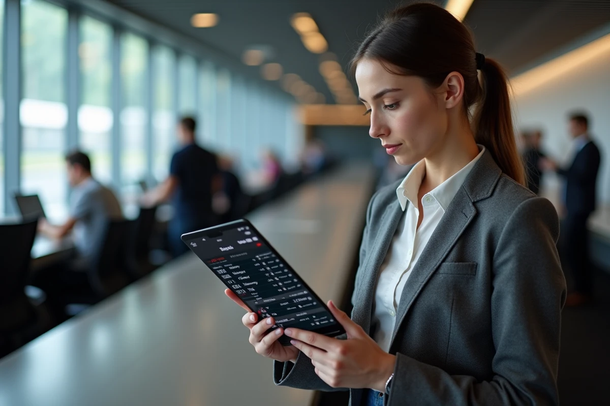 Journaliste sportive consultant le tableau des points et pénalités du championnat F1 2026 sur une tablette dans la salle de presse