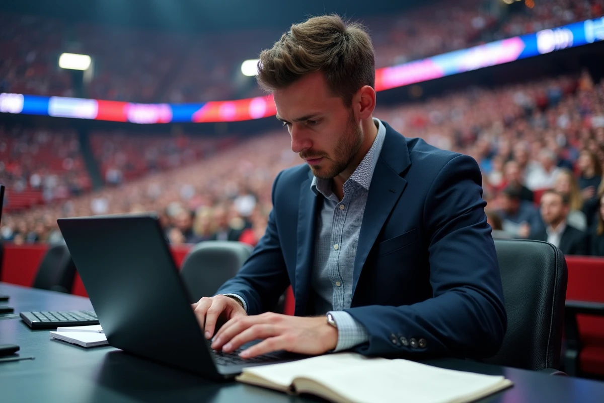 Jeune journaliste concentrée dans la zone presse WWE