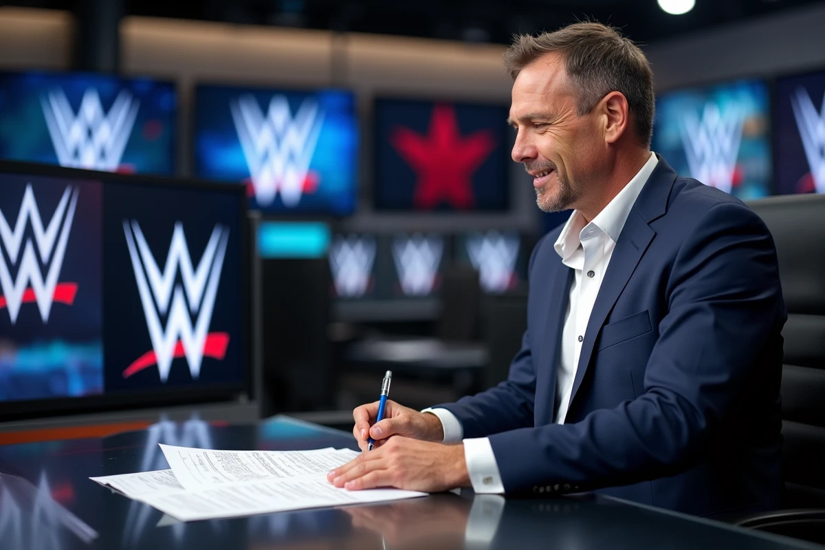 Journaliste sportif analysant les résultats d'un événement WWE dans un studio de télévision professionnel avec des écrans en arrière-plan
