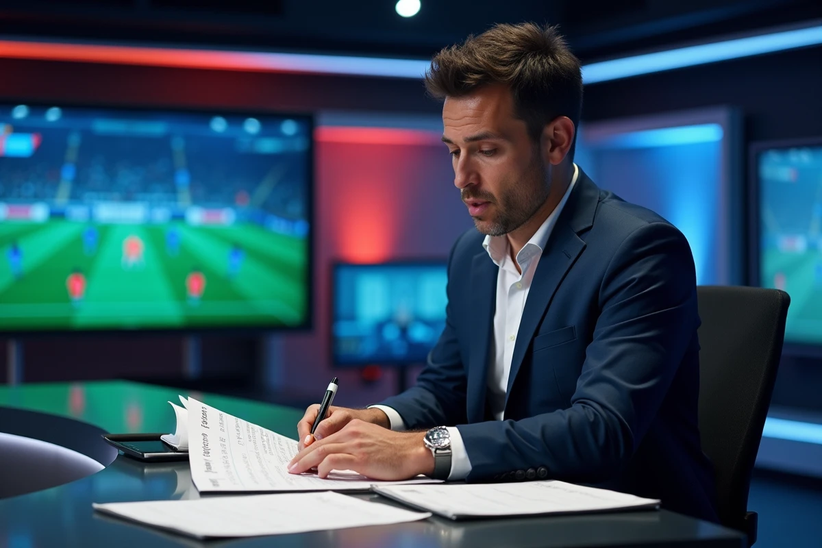 Journaliste sportif analysant la composition du PSG en plateau télévisé avant le match