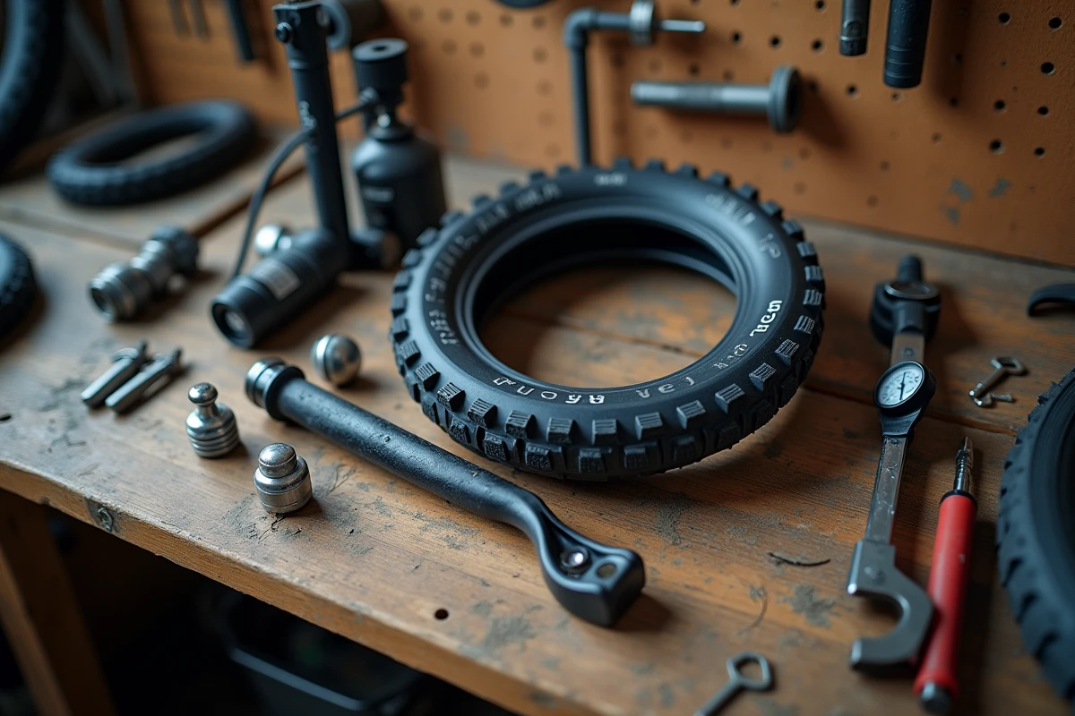 Kit de réparation pneu VTT tubeless avec pompe, mèches et démonte-pneu sur établi de garage