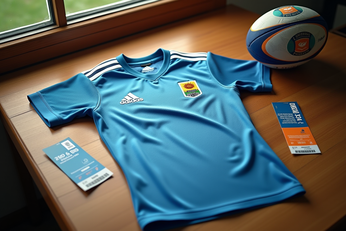 Maillot de rugby Argentine Pumas sur une table en lumière douce