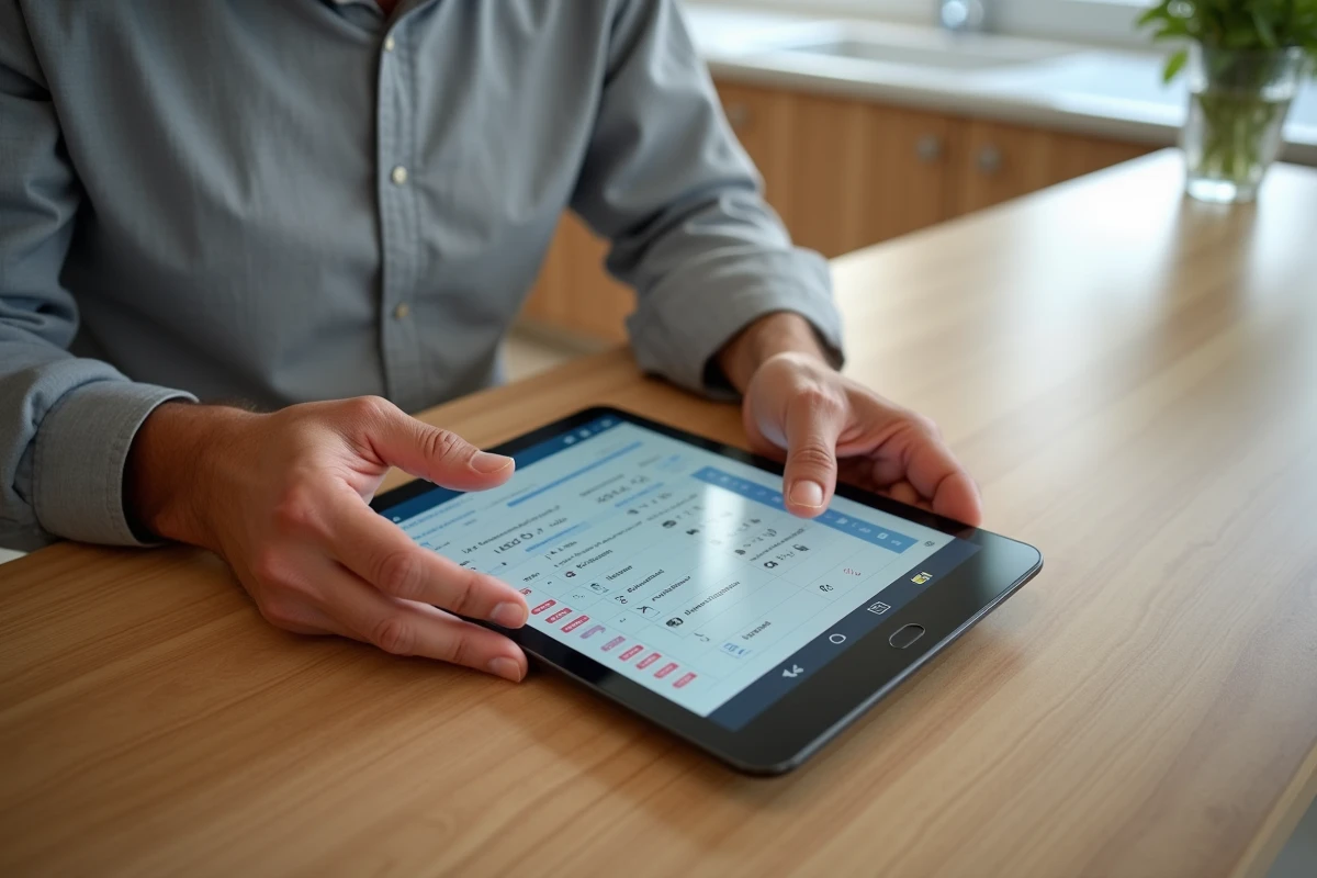 Gros plan sur des mains masculines naviguant sur un site de courses hippiques trot via une tablette posée sur une table en bois