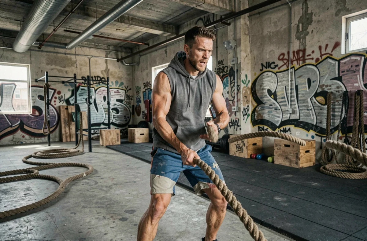 Homme utilisant des battle ropes dans l'atmosphère urbaine et industrielle de Makadam Fitness à Bordeaux