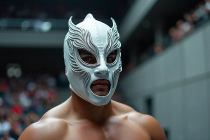Lutteur portant le masque blanc de l'Ange blanc dans une arène de catch professionnelle