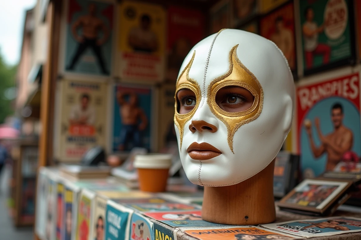 Masque de catch de l'Ange blanc exposé sur un stand de brocante avec des objets de collection vintage