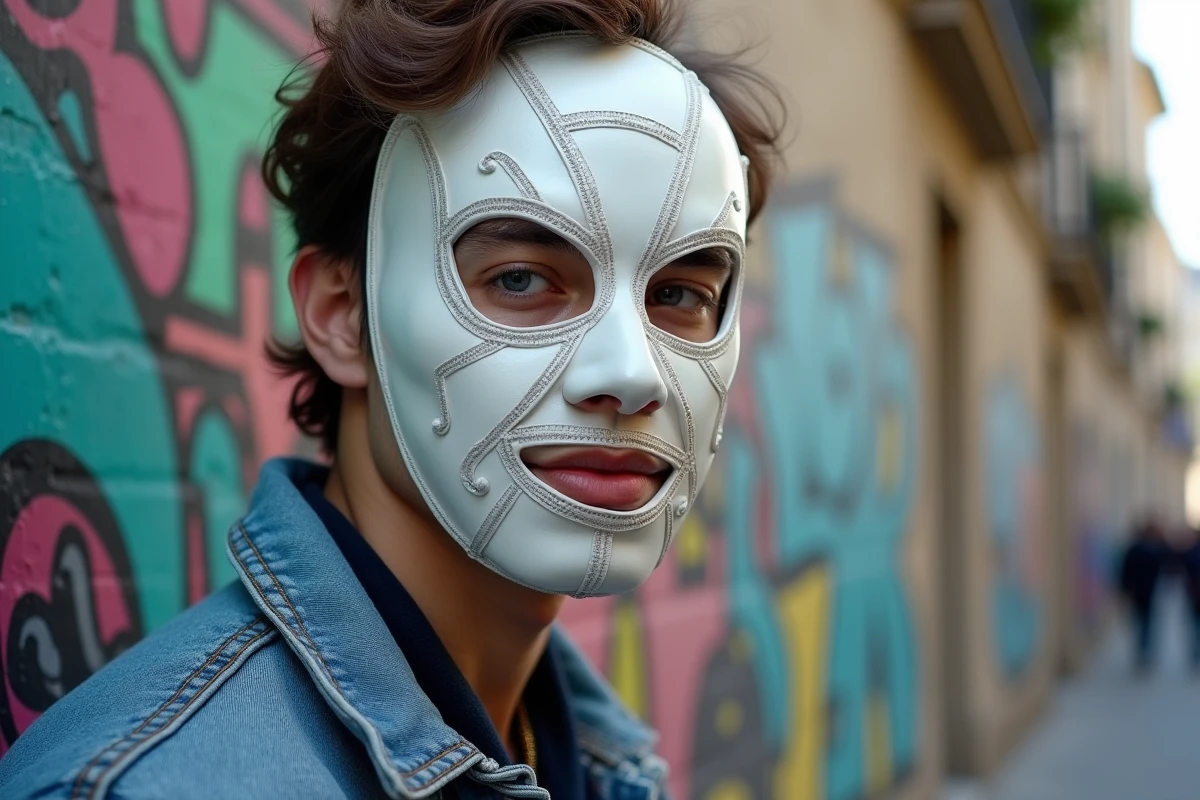 Jeune homme portant un masque inspiré de l'Ange blanc devant un mur de street art parisien
