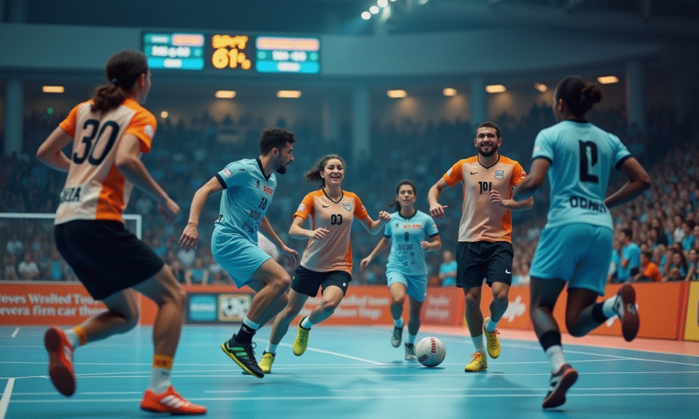 Match de handball en action avec joueurs sautant sur le terrain