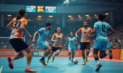 Match de handball en action avec joueurs sautant sur le terrain