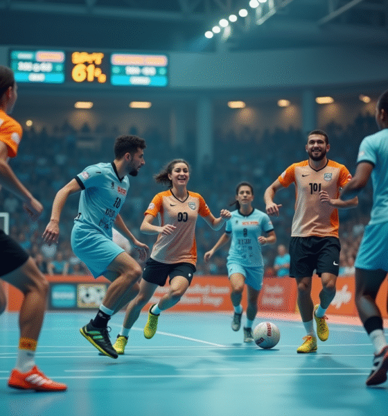 Match de handball en action avec joueurs sautant sur le terrain