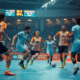 Match de handball en action avec joueurs sautant sur le terrain