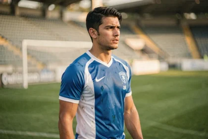 Jeune footballeur professionnel en tenue d'entraînement sur un terrain de football, symbolisant la carrière et l'identité de Matthis Abline