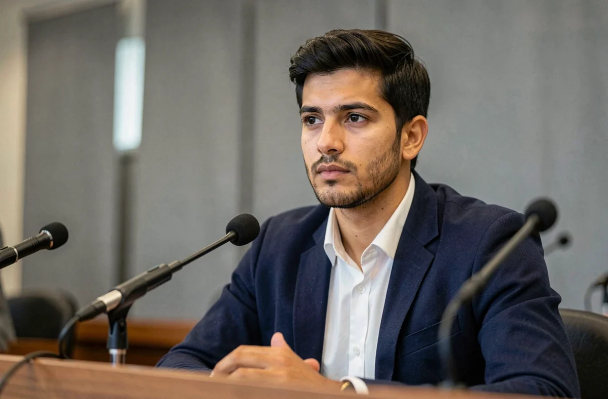 Jeune homme en conférence de presse répondant aux médias, illustrant les polémiques et prises de parole publiques autour de Matthis Abline