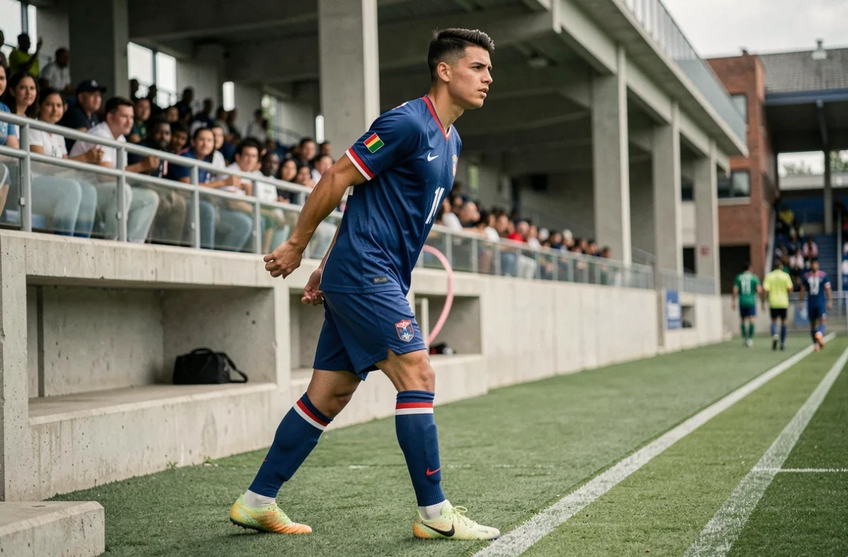 Footballeur en tenue nationale s'échauffant en bord de terrain, évoquant les origines et l'identité de Matthis Abline