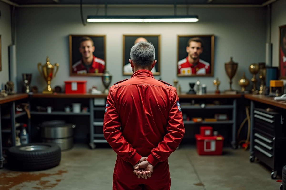 Mécanicien de Formule 1 recueilli devant le portrait d'un pilote disparu dans un garage d'équipe