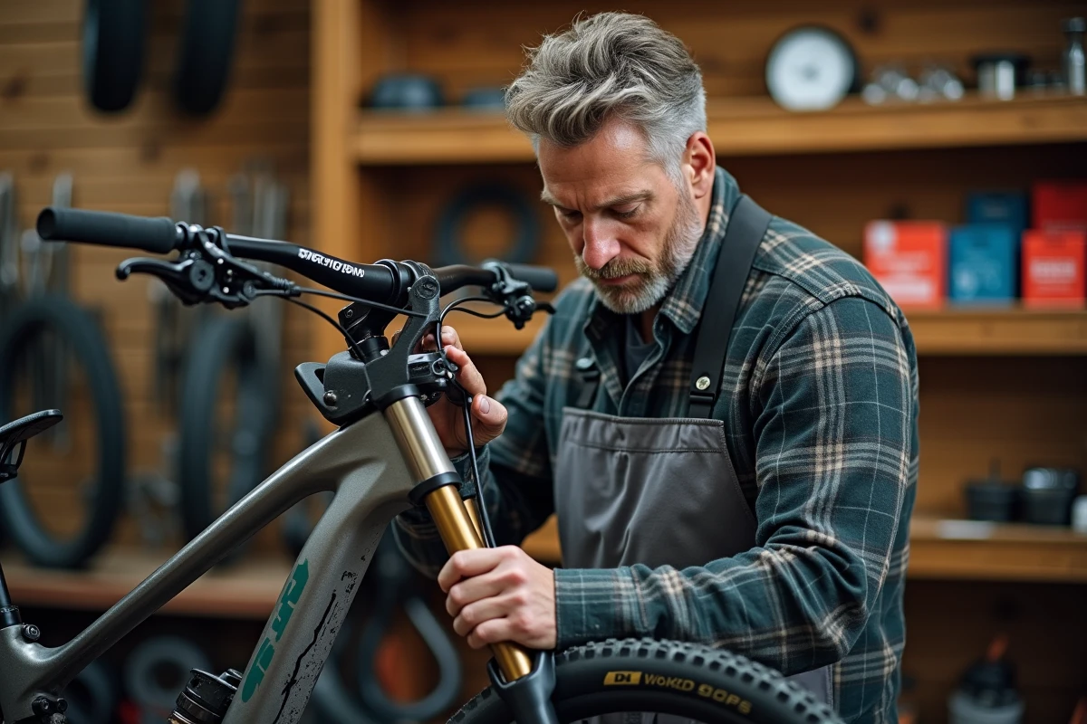 Mécanicien VTT réglant une fourche Manitou Comp dans un atelier de vélo professionnel