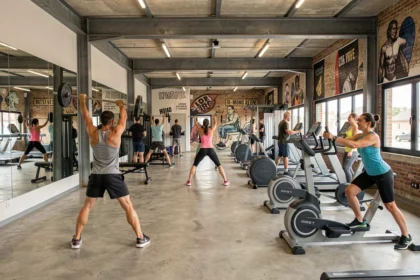 Vue d'ensemble d'une salle de sport moderne en Loire-Atlantique avec des équipements variés et des pratiquants en pleine activité