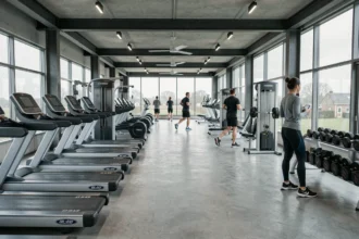 Vue panoramique d'une salle de sport moderne en Seine-Maritime avec équipements de fitness et membres en entraînement