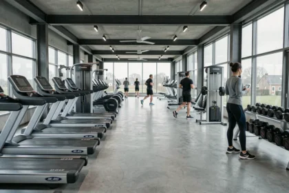 Vue panoramique d'une salle de sport moderne en Seine-Maritime avec équipements de fitness et membres en entraînement