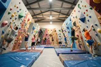 Vue d'ensemble d'une salle d'escalade moderne en Centre-Val de Loire avec des grimpeurs sur des blocs colorés