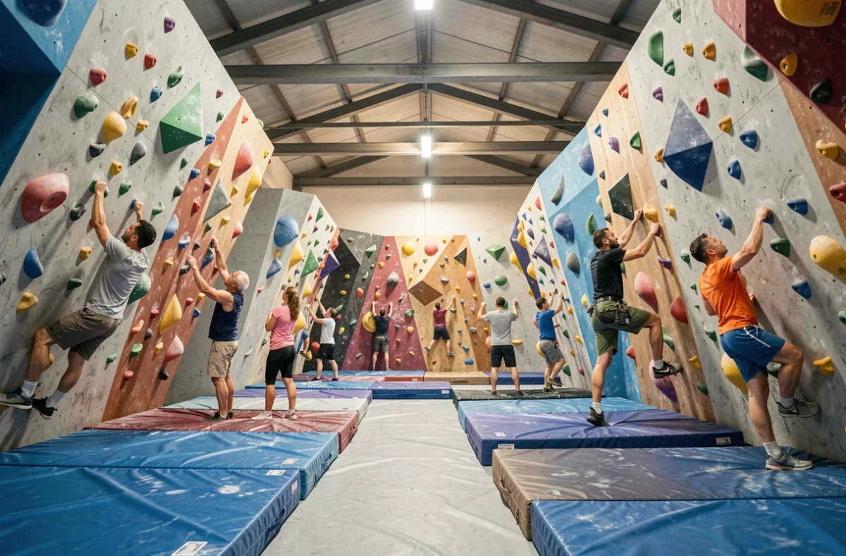 Vue d'ensemble d'une salle d'escalade moderne en Centre-Val de Loire avec des grimpeurs sur des blocs colorés