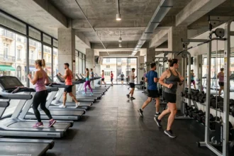 Vue panoramique d'une salle de fitness moderne en Nouvelle-Aquitaine avec équipements complets et adhérents en pleine séance d'entraînement