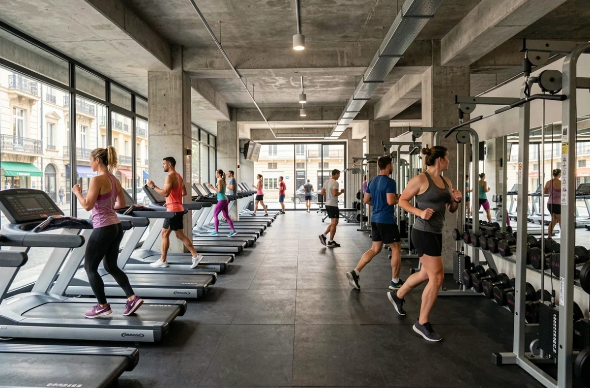 Vue panoramique d'une salle de fitness moderne en Nouvelle-Aquitaine avec équipements complets et adhérents en pleine séance d'entraînement