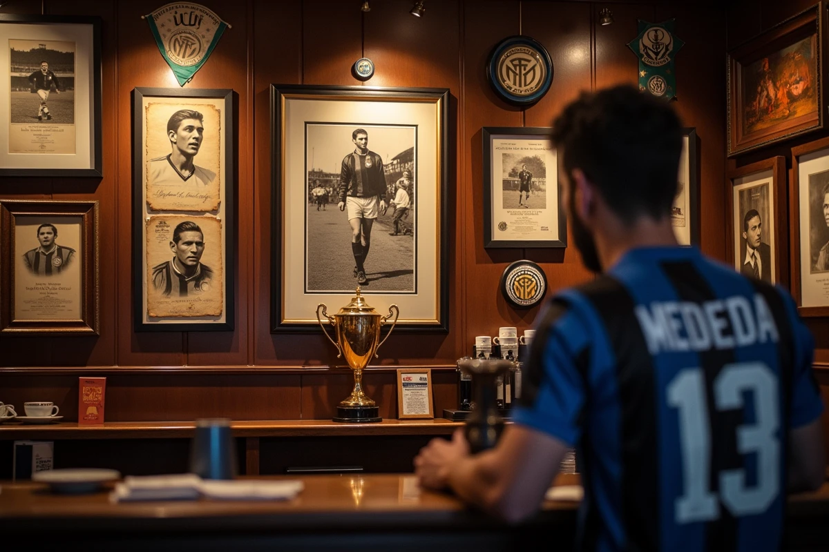 Mur de souvenirs vintage de l'Inter Milan dans un bar milanais, avec photos en noir et blanc et fanions historiques du club