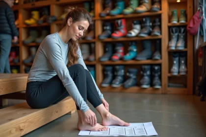 Femme mesurant sa pointure de pied sur une fiche de mesure dans un magasin de location de ski
