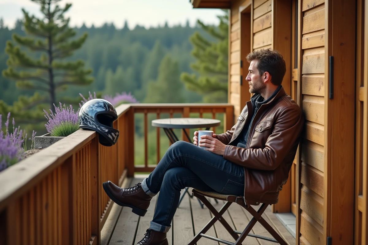 Motard en veste en cuir se reposant sur la terrasse d'un chalet en bois près de Montalivet avec son casque posé sur la rambarde