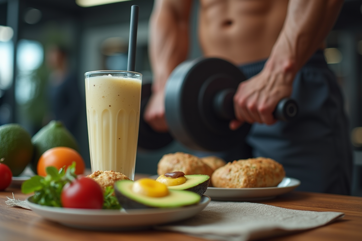 Bras musclés soulevant un haltère dans une salle de sport lumineuse