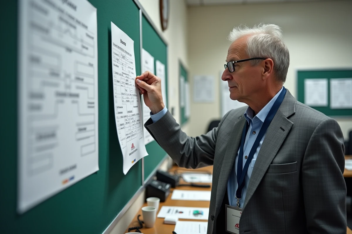 Officiel de tournoi ATP actualisant le tableau des qualifications avec les forfaits et les wild cards dans une salle d'organisation
