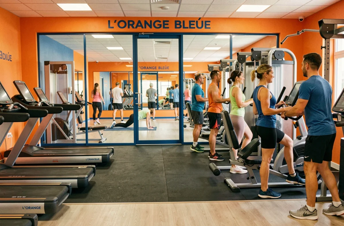 Salle L'Orange Bleue Eu avec équipements colorés de cardio et espace de fitness moderne