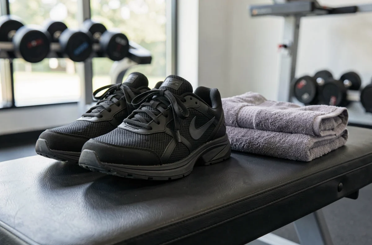 Paire de baskets et serviette posées sur un banc de salle de sport