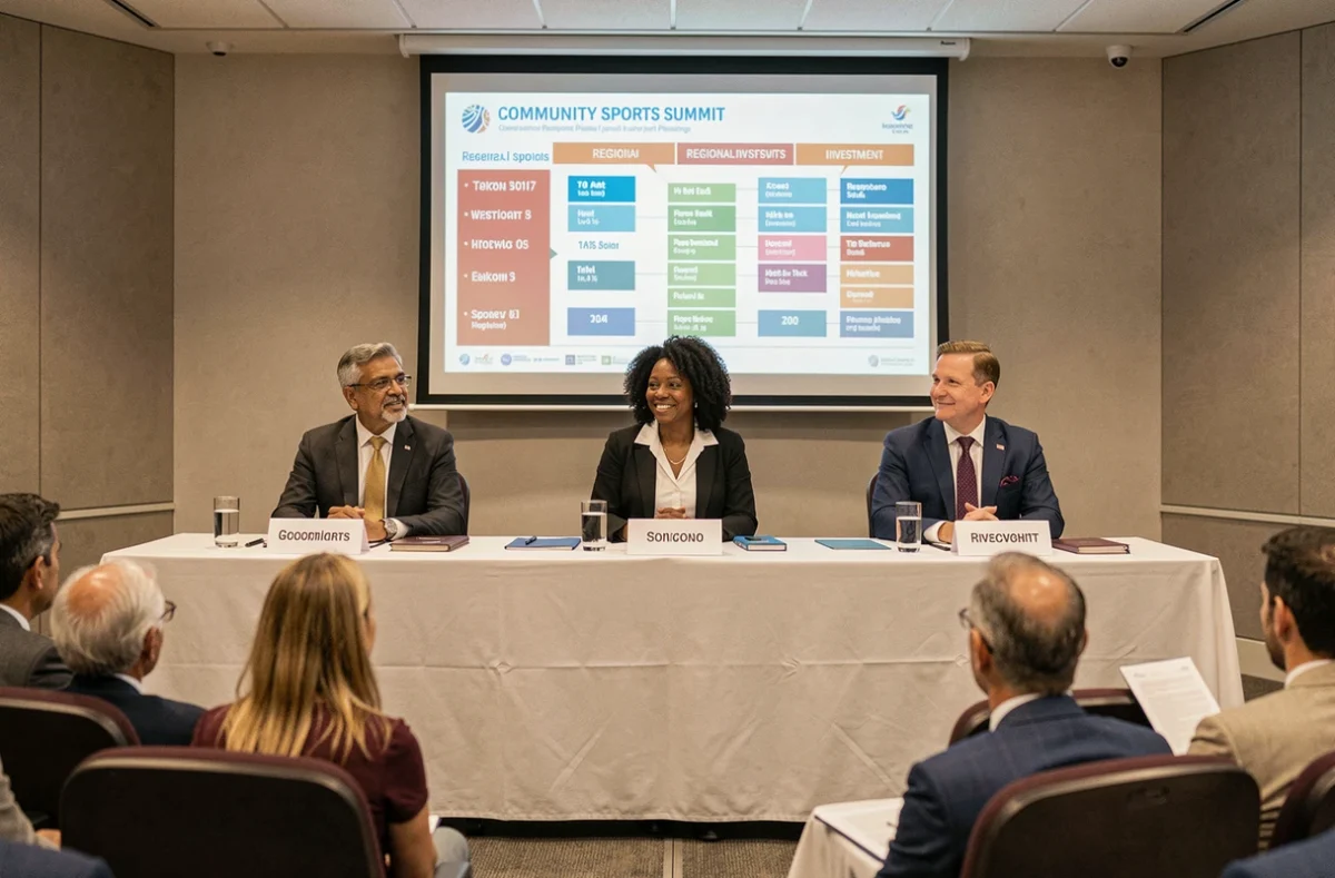 Panel de professionnels de la gouvernance sportive lors d'un sommet communautaire, présentant les réformes de financement et les nouveaux partenariats des County Sports Partnerships pour 2026.