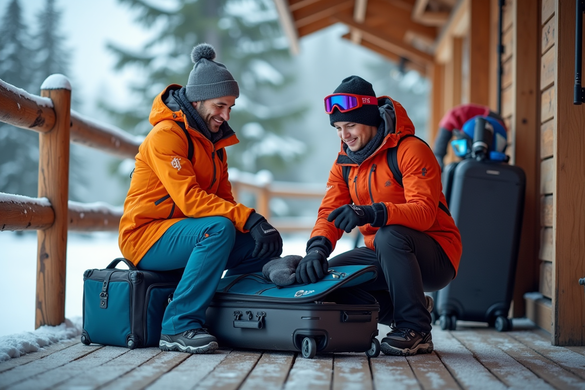 Pere et fils préparant leurs pantalons de ski en montagne enneigee
