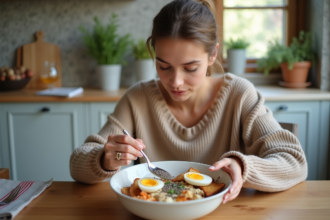 Jeune femme préparant un bol de petit déjeuner à la maison