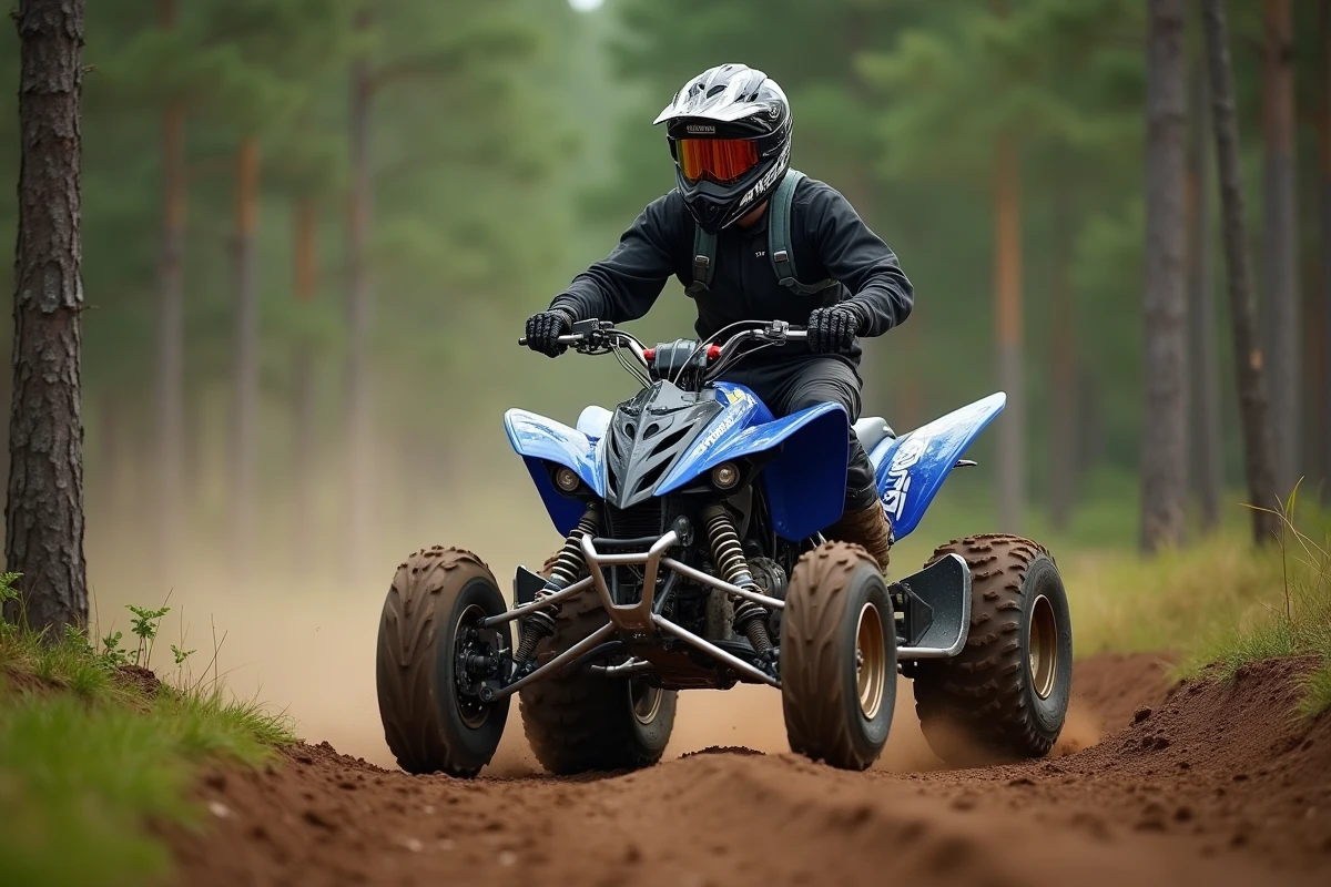 Pilote sur un quad Yamaha Raptor 700 en plein virage sur un circuit de motocross entouré de pins