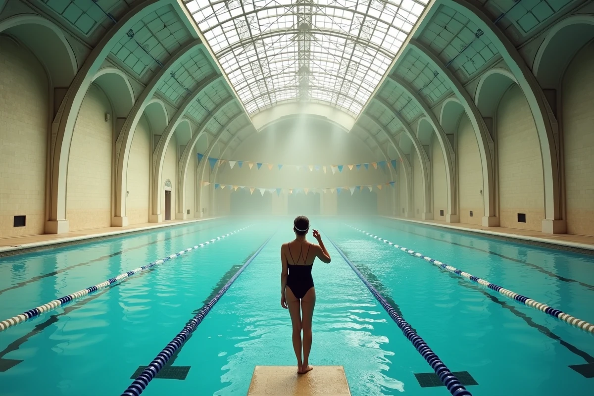 Piscine couverte des Buttes aux Cailles avec architecture Art Nouveau et nageurs dans les couloirs