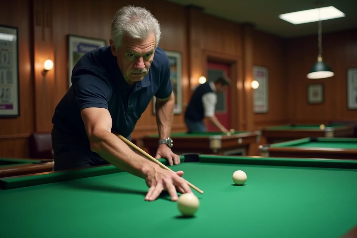 Joueur de billard plaçant la bille blanche sur le tapis vert selon la méthode officielle en club