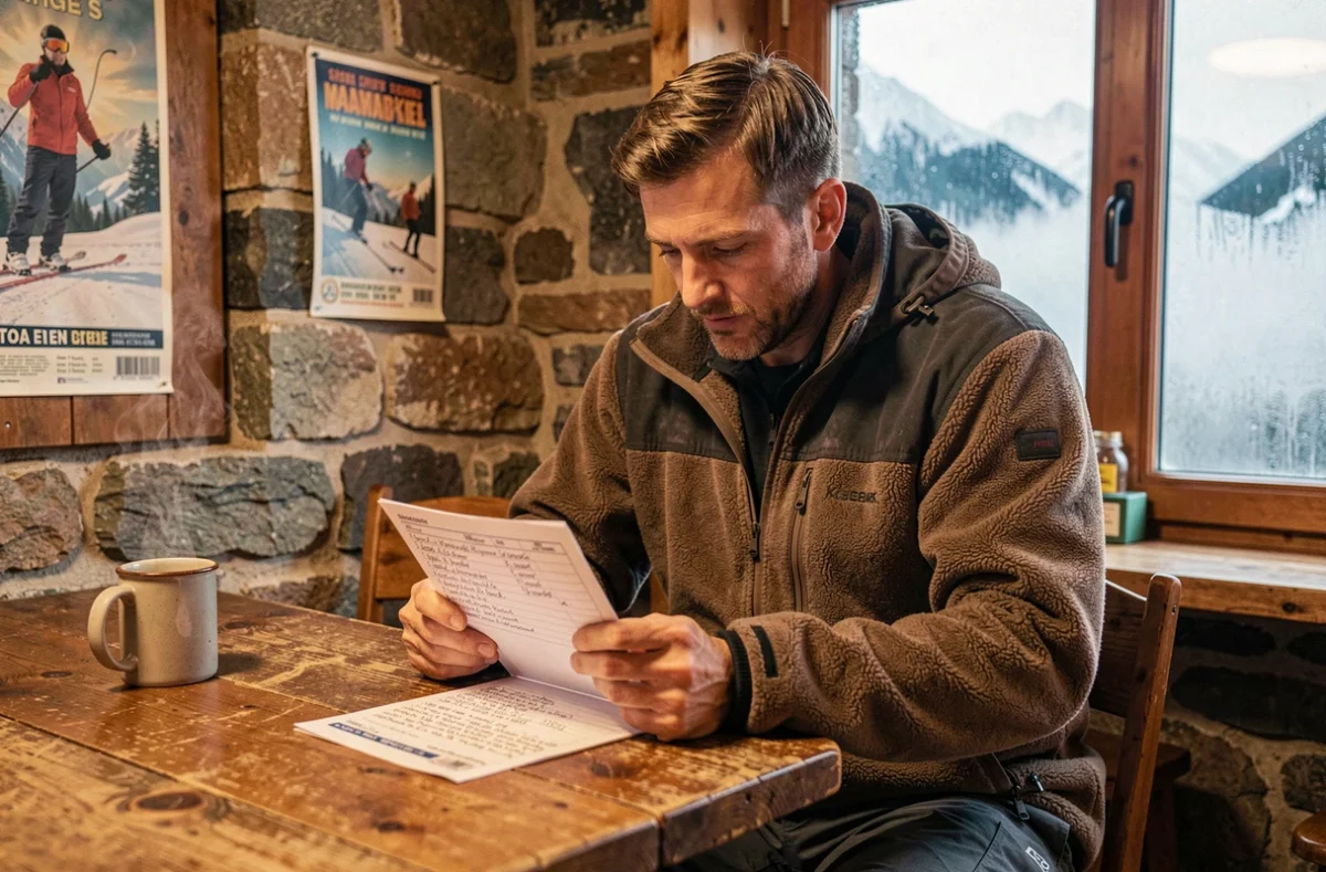 Skieur planifiant son itinéraire pour rentabiliser son forfait semaine aux Arcs 1800 dans un refuge de montagne