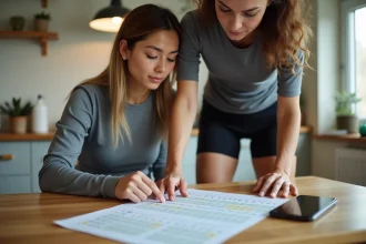 Athlète féminine planifiant sa saison sportive avec un calendrier de compétitions et une application de suivi de points P100 sur smartphone