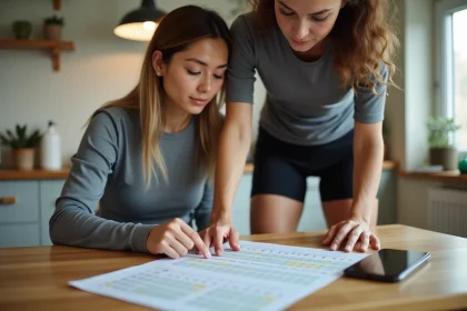Athlète féminine planifiant sa saison sportive avec un calendrier de compétitions et une application de suivi de points P100 sur smartphone